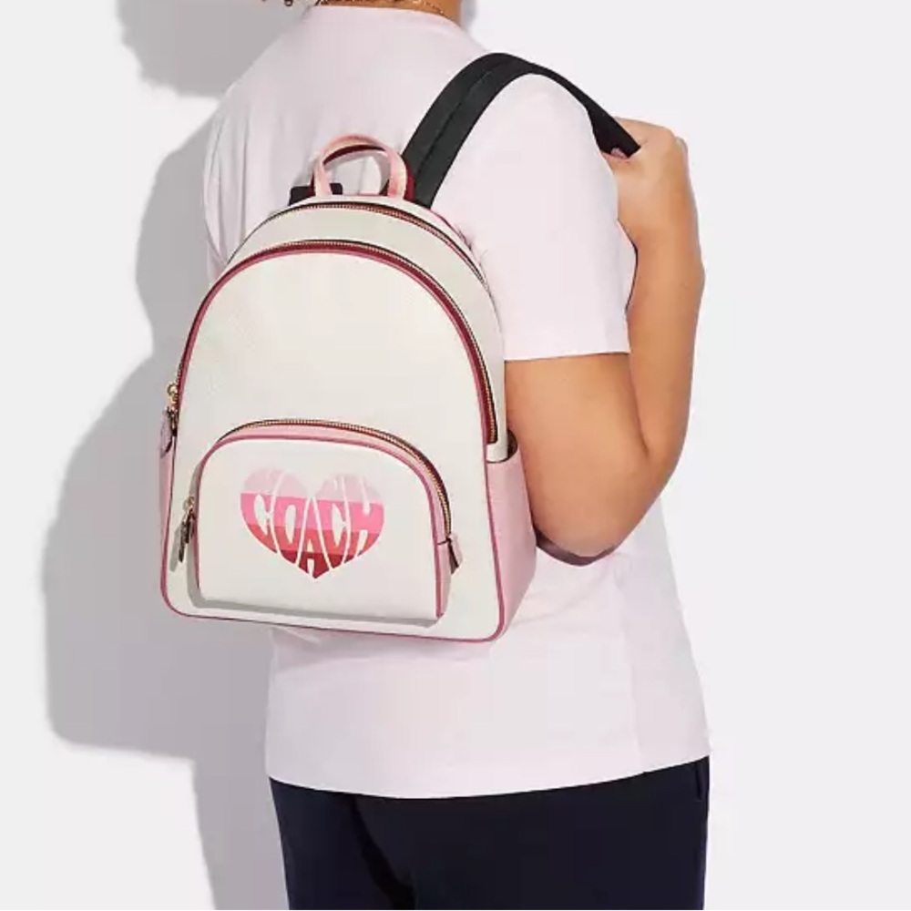 Coach Court Stripe Heart Motif Pebble Leather Chalk White Backpack NWT - Picture 13 of 16